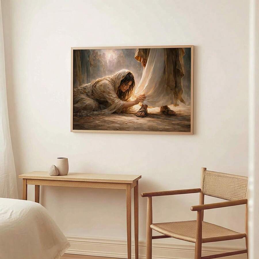 Christian biblical wall art showing woman touching a robed figure’s garment