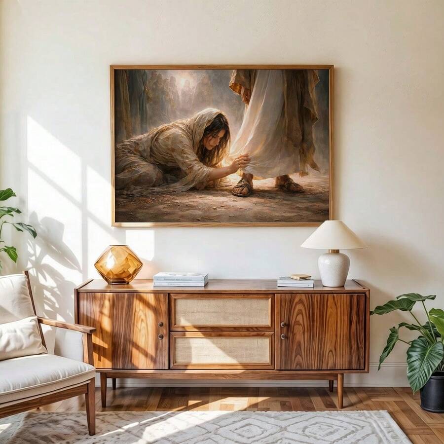 Warm-toned Christian canvas art in a bright living room