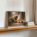 Biblical healing scene wall painting beside books and home décor