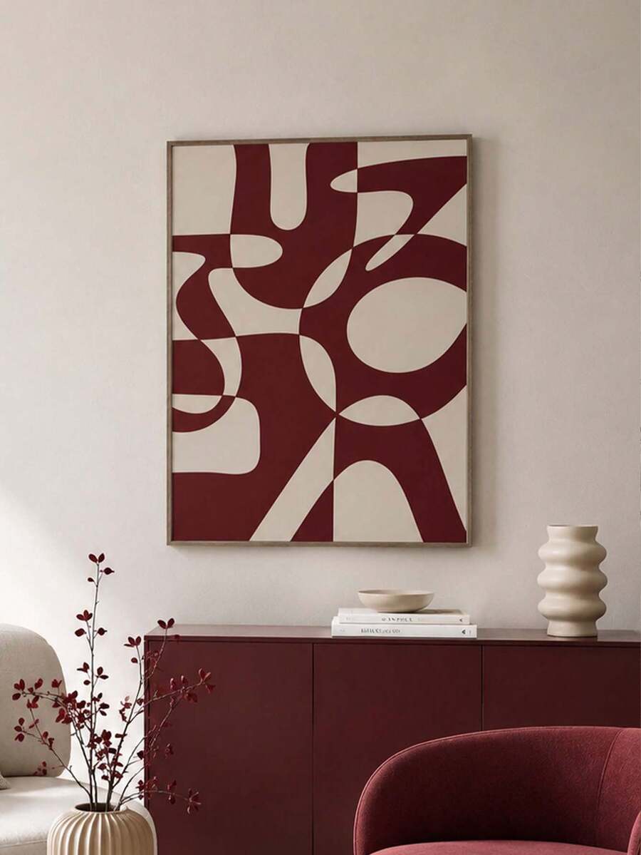 Minimalist geometric wall art with burgundy and ivory shapes