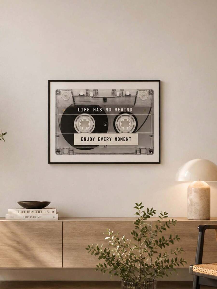 Music wall art featuring black and white cassette tape print