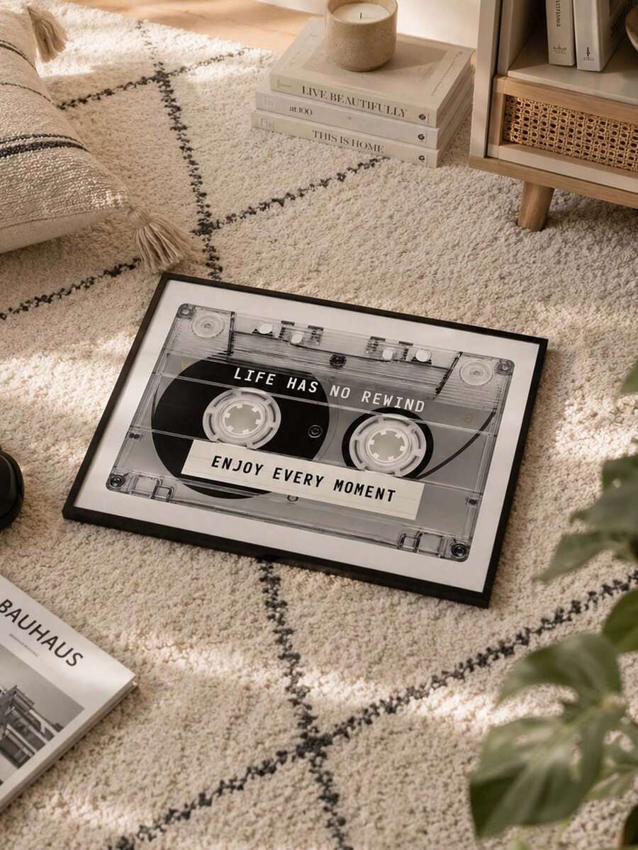 Vintage cassette tape canvas poster in black frame mockup