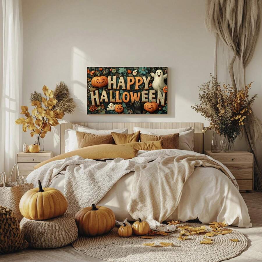 Happy Halloween canvas poster with pumpkins ghosts black cat and foliage above dining table