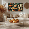 Unframed Halloween wall poster with pumpkins ghosts and black cat above neutral sofa