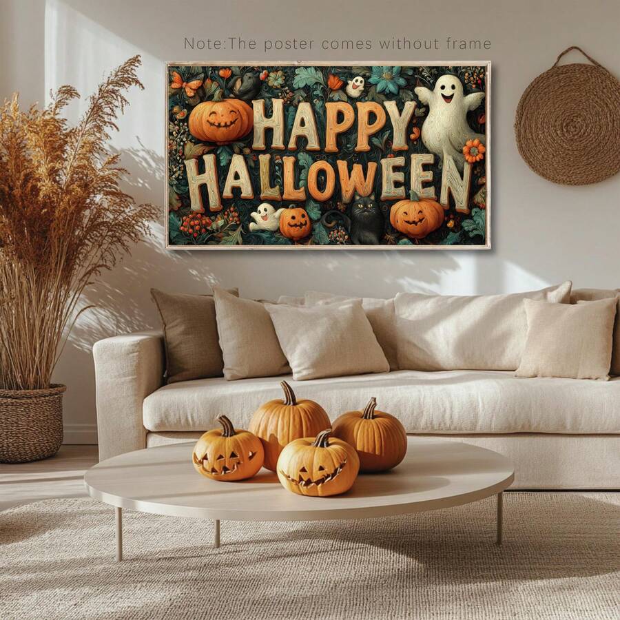 Unframed Halloween wall poster with pumpkins ghosts and black cat above neutral sofa