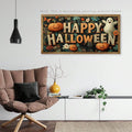 Rustic Halloween canvas poster with pumpkins ghosts and border above chair and console