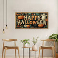 Happy Halloween wall painting without frame shown between chairs with plants