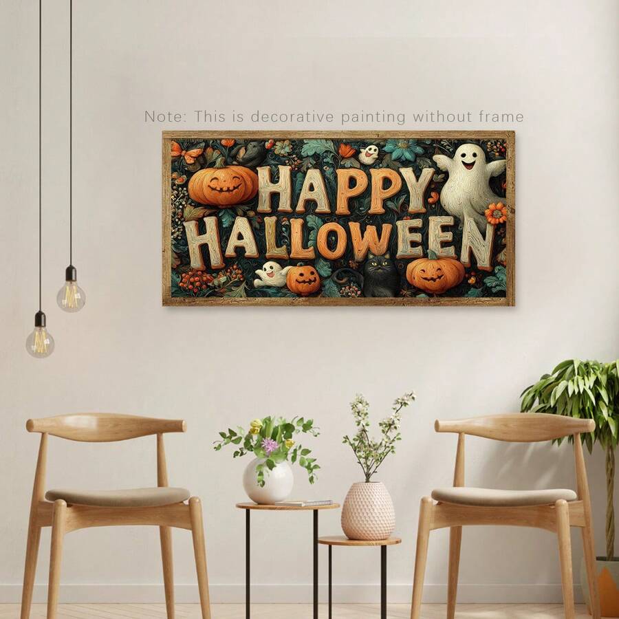 Happy Halloween wall painting without frame shown between chairs with plants