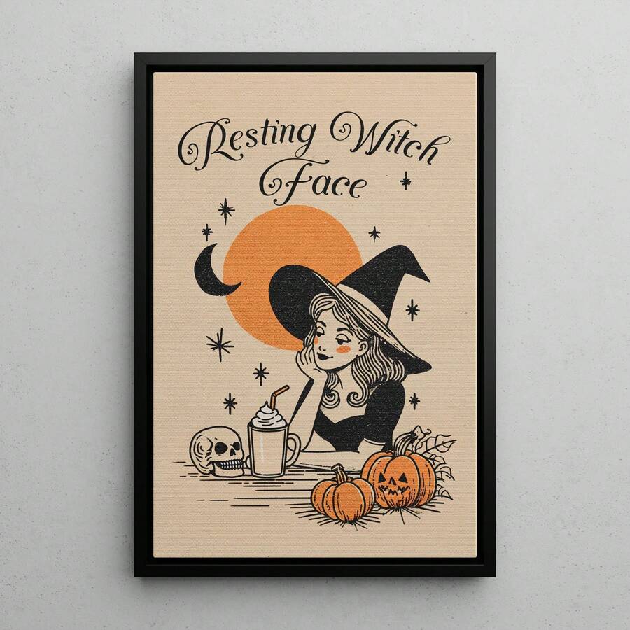 Black framed Resting Witch Face poster with orange moon pumpkins and skull