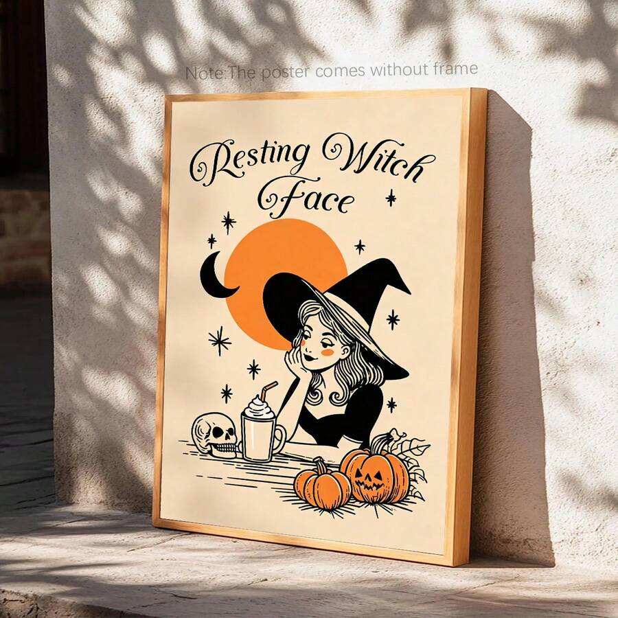 Resting Witch Face Halloween poster leaning against textured wall without frame