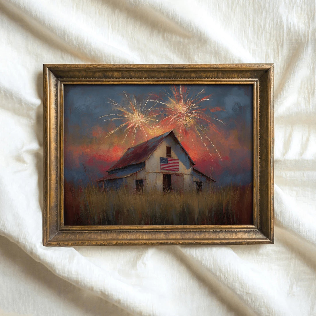 Vintage-style painting of barn with American flag and fireworks in night sky