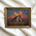 Vintage-style painting of barn with American flag and fireworks in night sky