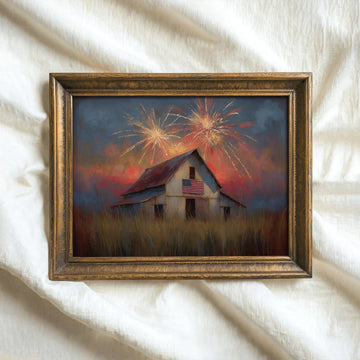Vintage-style painting of barn with American flag and fireworks in night sky