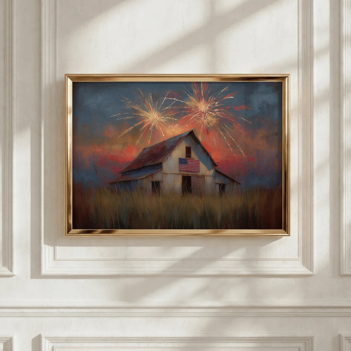 Patriotic farmhouse wall art showing rustic barn and July Fourth fireworks