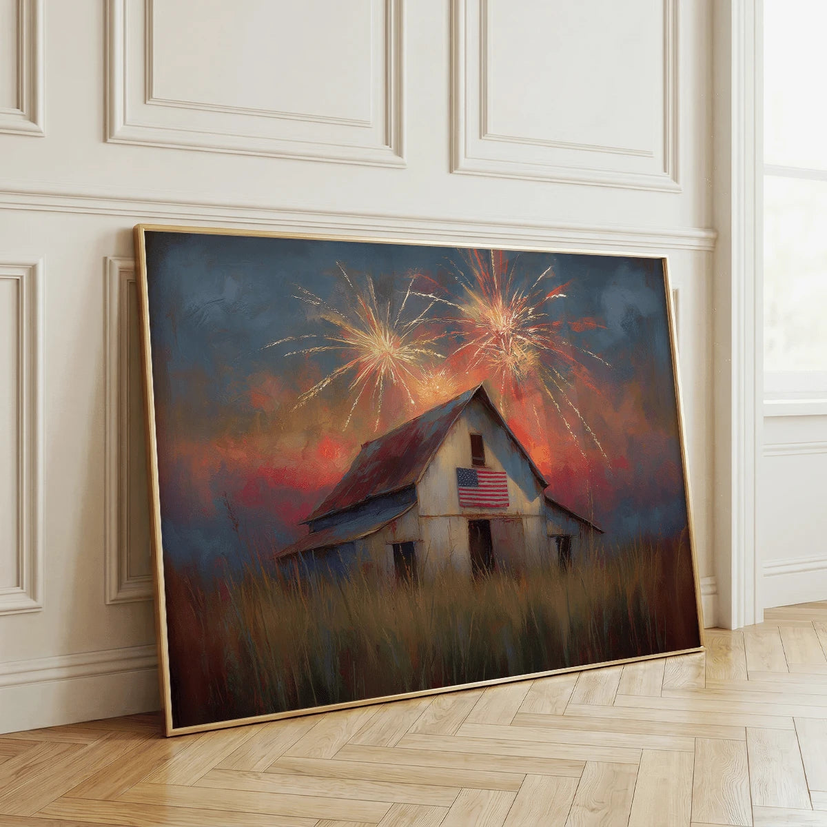 Large patriotic barn poster near window