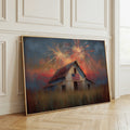 American flag barn poster with smoky blue sky and gold firework glow