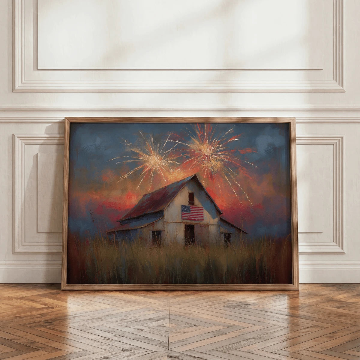 Framed American flag barn poster on floor