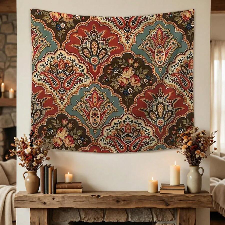 Persian traditional floral paisley tapestry with rust red teal cream and ornate medallion pattern