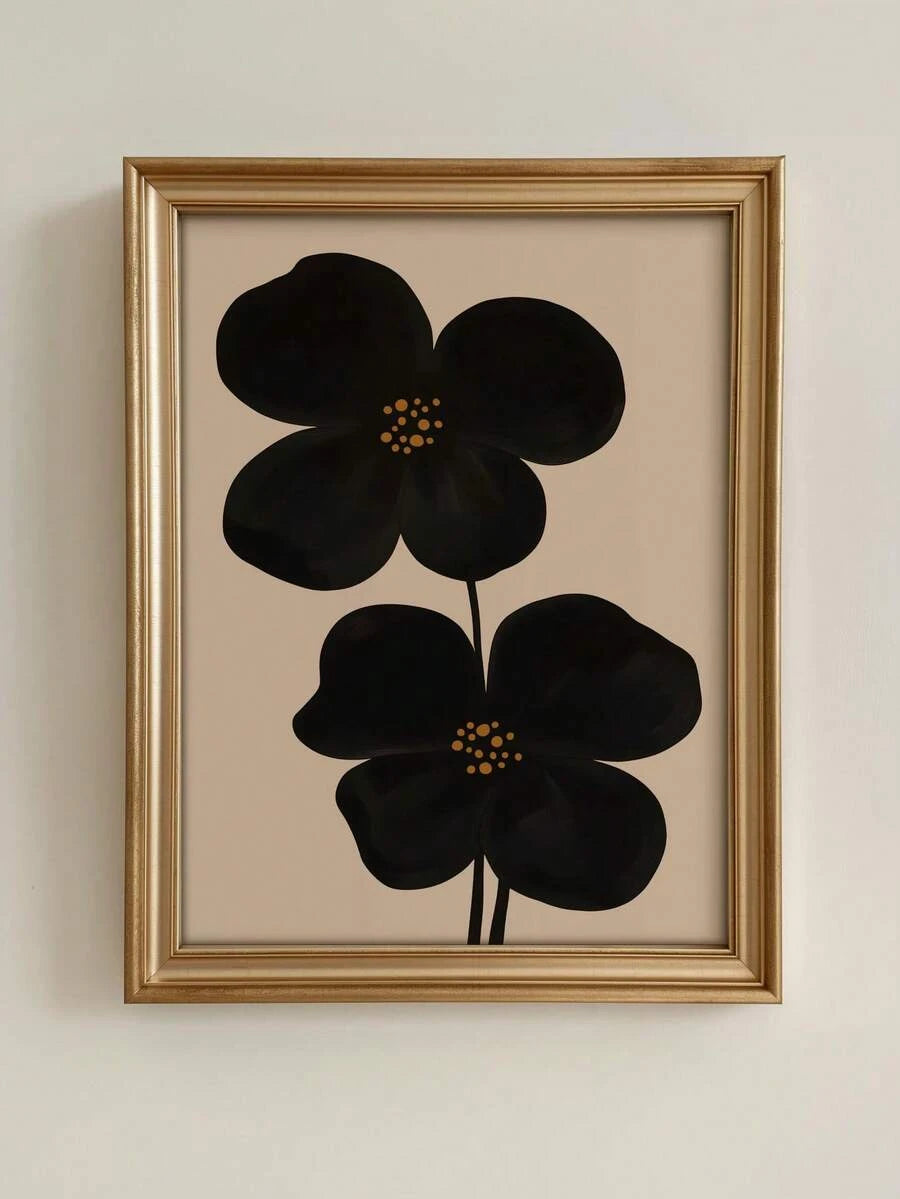 Black floral canvas art with two abstract flowers on beige background