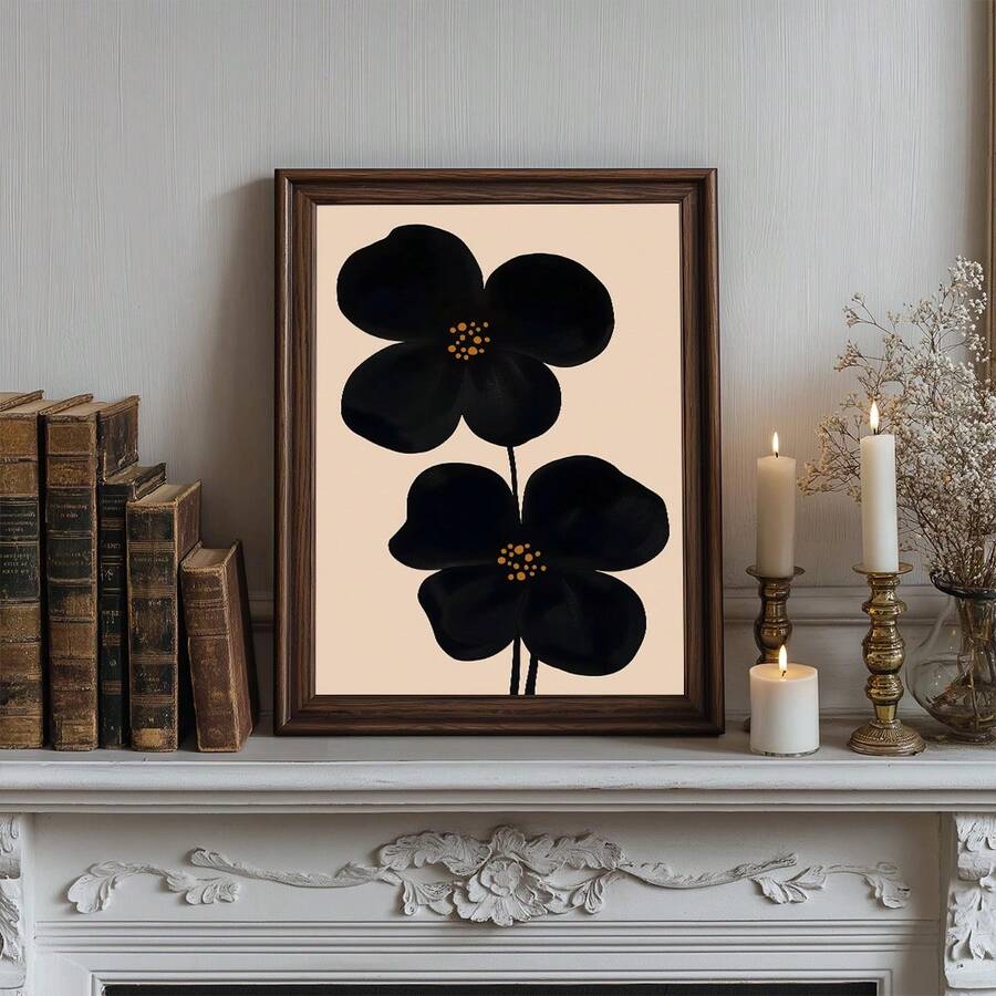 Abstract floral poster with black flowers and tan beige tones