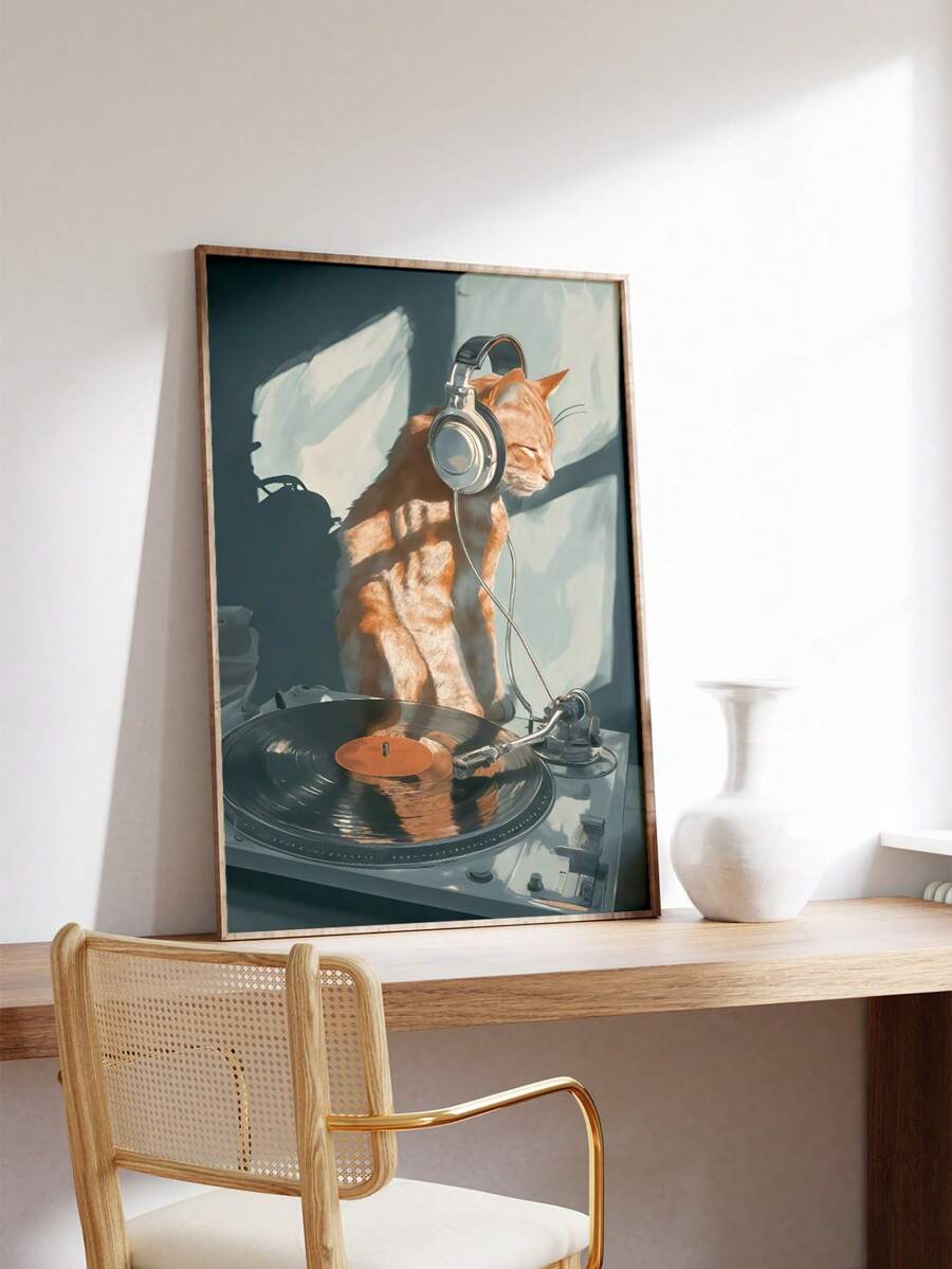 DJ cat canvas poster on wood desk