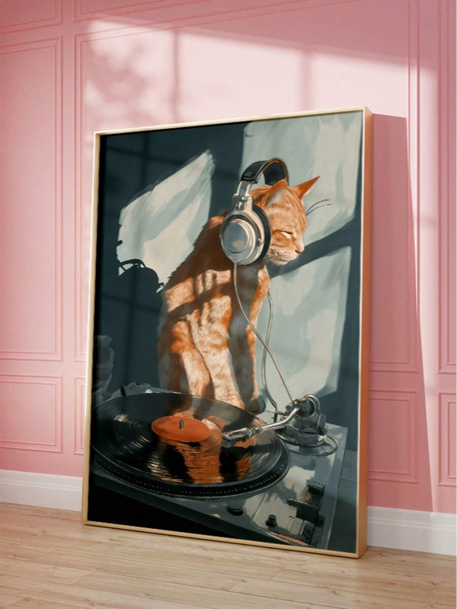 DJ cat canvas poster leaning on white wall