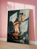 Large DJ cat wall art on pink paneled wall
