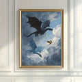 Gold framed dragon fantasy print mounted on white paneled wall