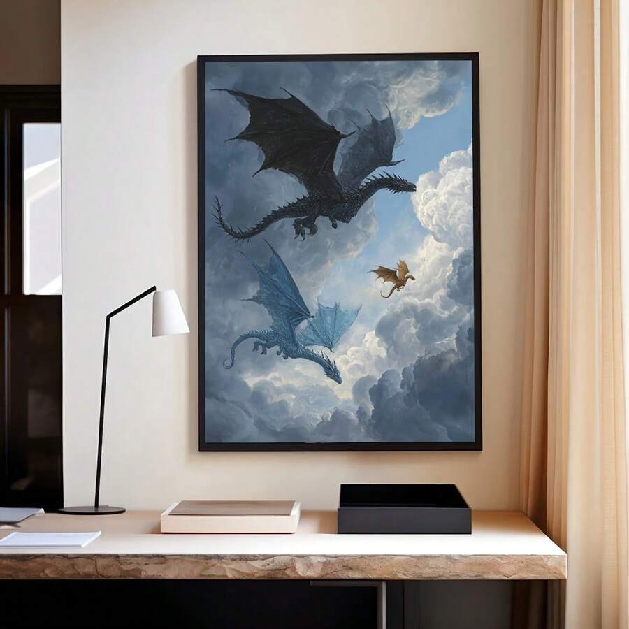 Black framed dragon poster above modern desk near curtain and task lamp