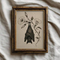 Moody dark academia bat poster in distressed wood frame