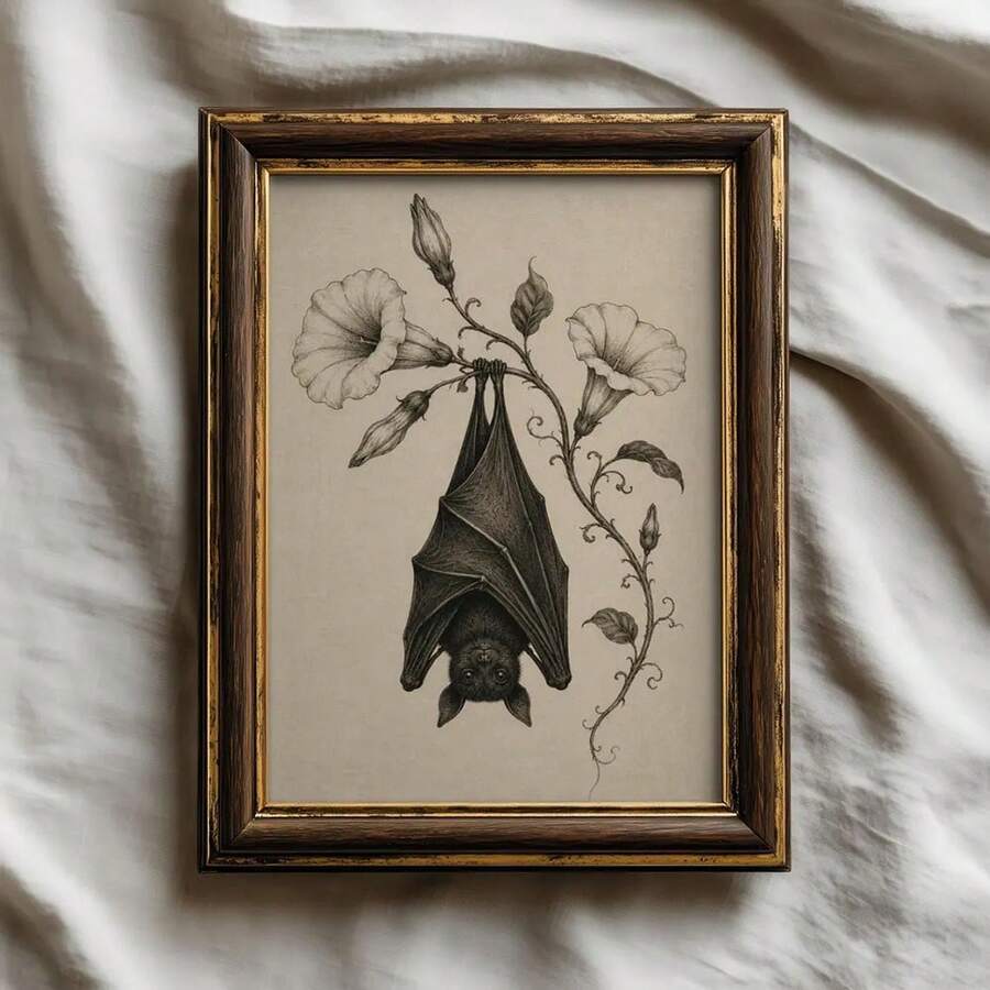 Moody dark academia bat poster in distressed wood frame