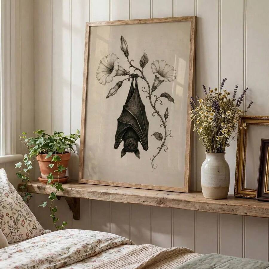 Large pale wood framed bat floral poster beside ivy and dried flowers