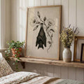 Botanical vampire bat print with flowers on shelf decor