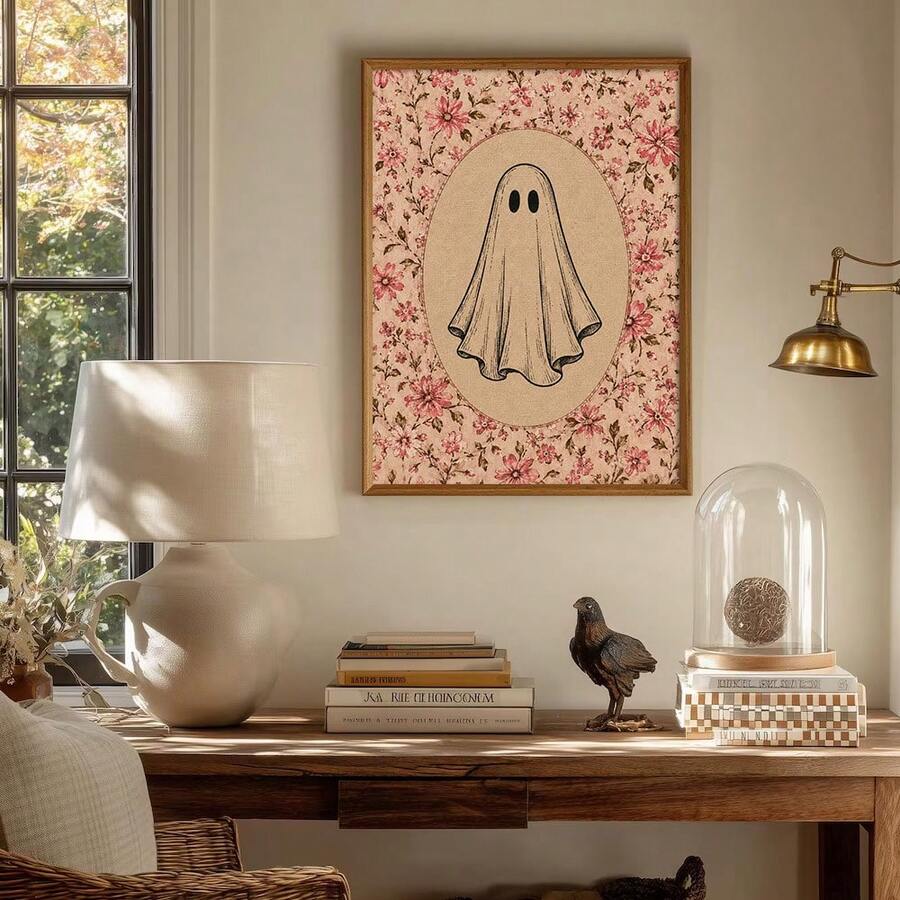 Minimal ghost surrounded by antique flowers canvas art