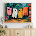 Vintage Halloween ghost print above cabinet with plants