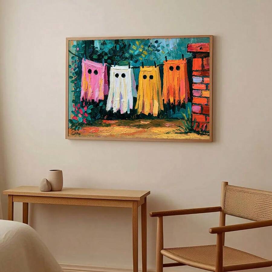 Whimsical spooky poster in wood frame for desk corner