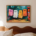 Colorful sheet ghosts clothesline wall art above bed