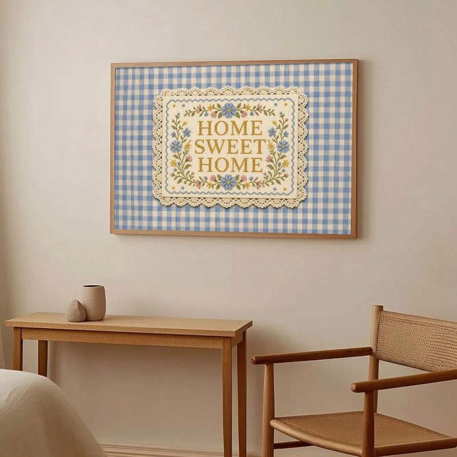 Home Sweet Home floral cross-stitch-style wall art with blue gingham and lace-look border