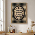 Dark academia witch poster above bar cabinet with bottles
