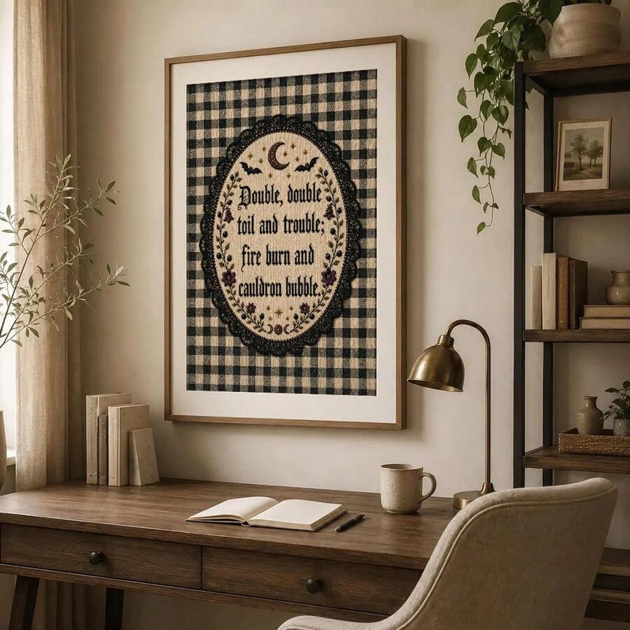 Framed Halloween quote print in study with plants and books