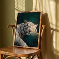 Sleeping white tiger poster on wooden chair
