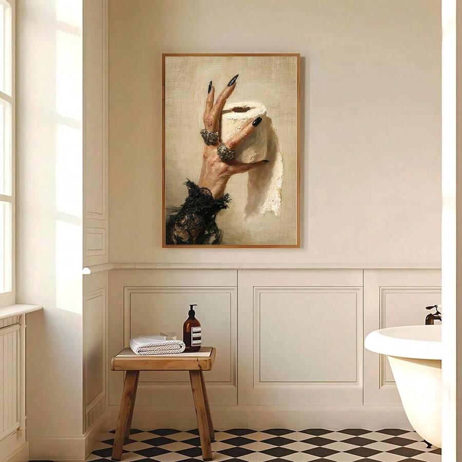 Funny Halloween bathroom art with gothic rings and black nails