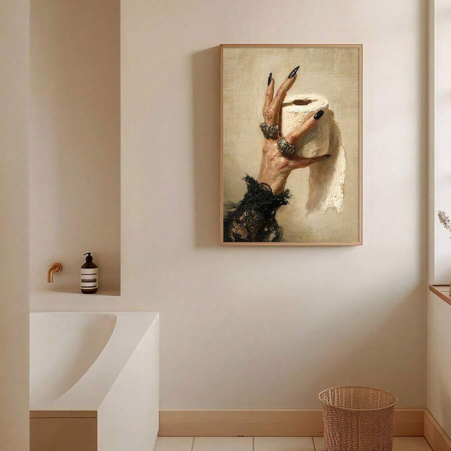 Spooky toilet paper wall art with vintage witch painting style