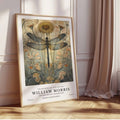 William Morris dragonfly poster with large dragonfly flowers and botanical stems