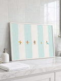 Coastal surfer canvas wall art with blue and cream stripes