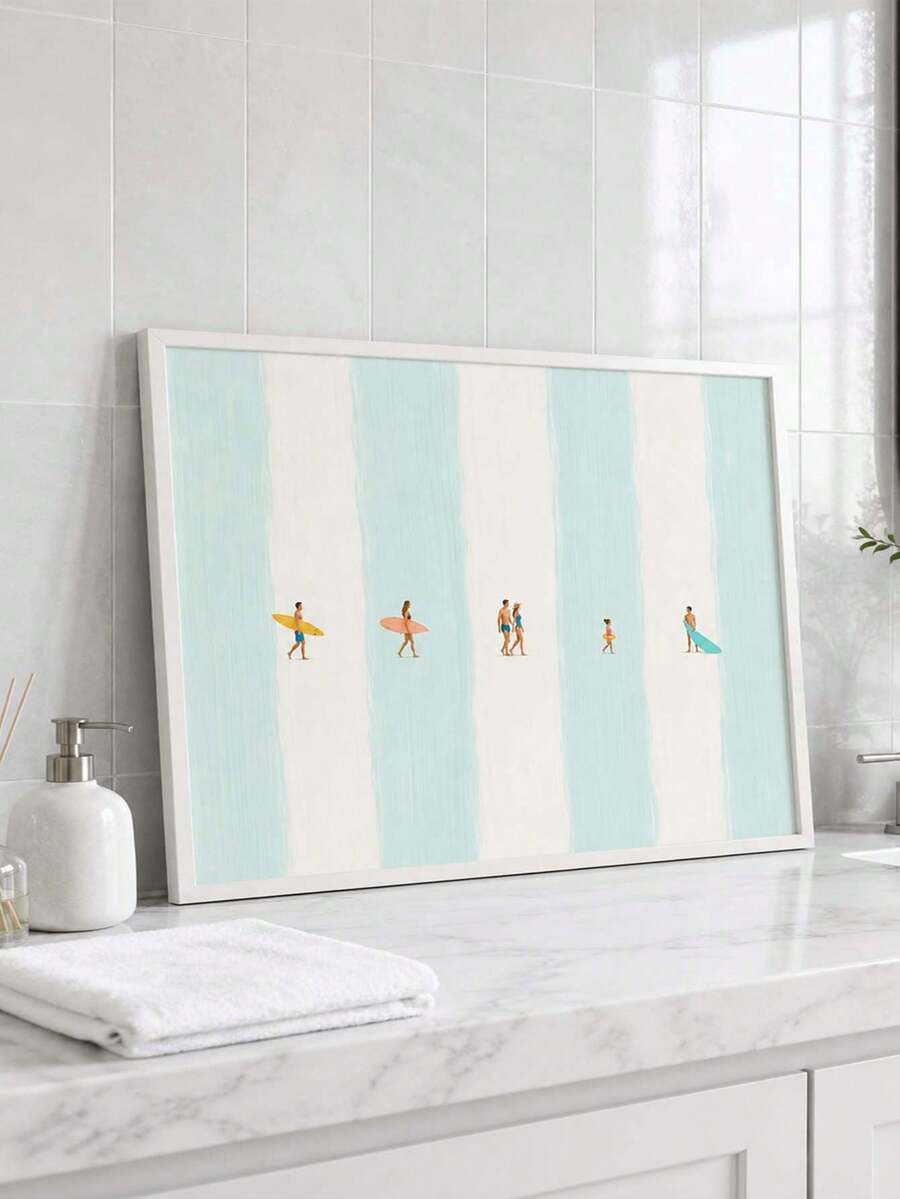 Coastal surfer canvas wall art with blue and cream stripes