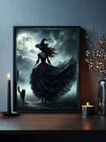 Moonlit witch and cat art with mountains and bare trees
