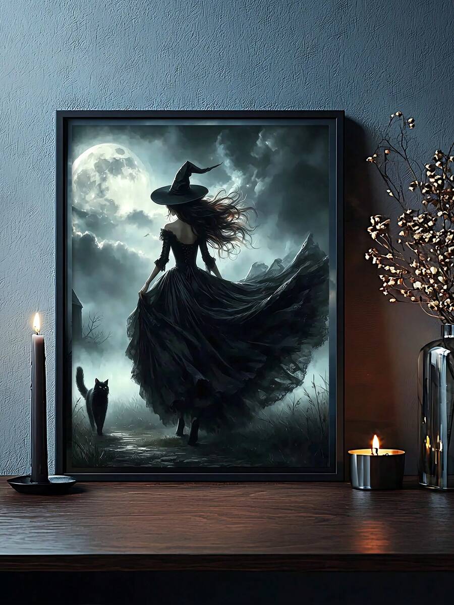 Moonlit witch and cat art with mountains and bare trees
