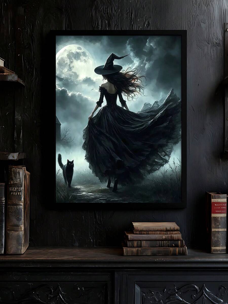 Full moon gothic canvas decor with ornate black frame