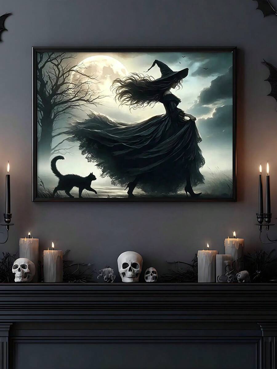 Gothic witch and cat wall art with stormy moonlit sky